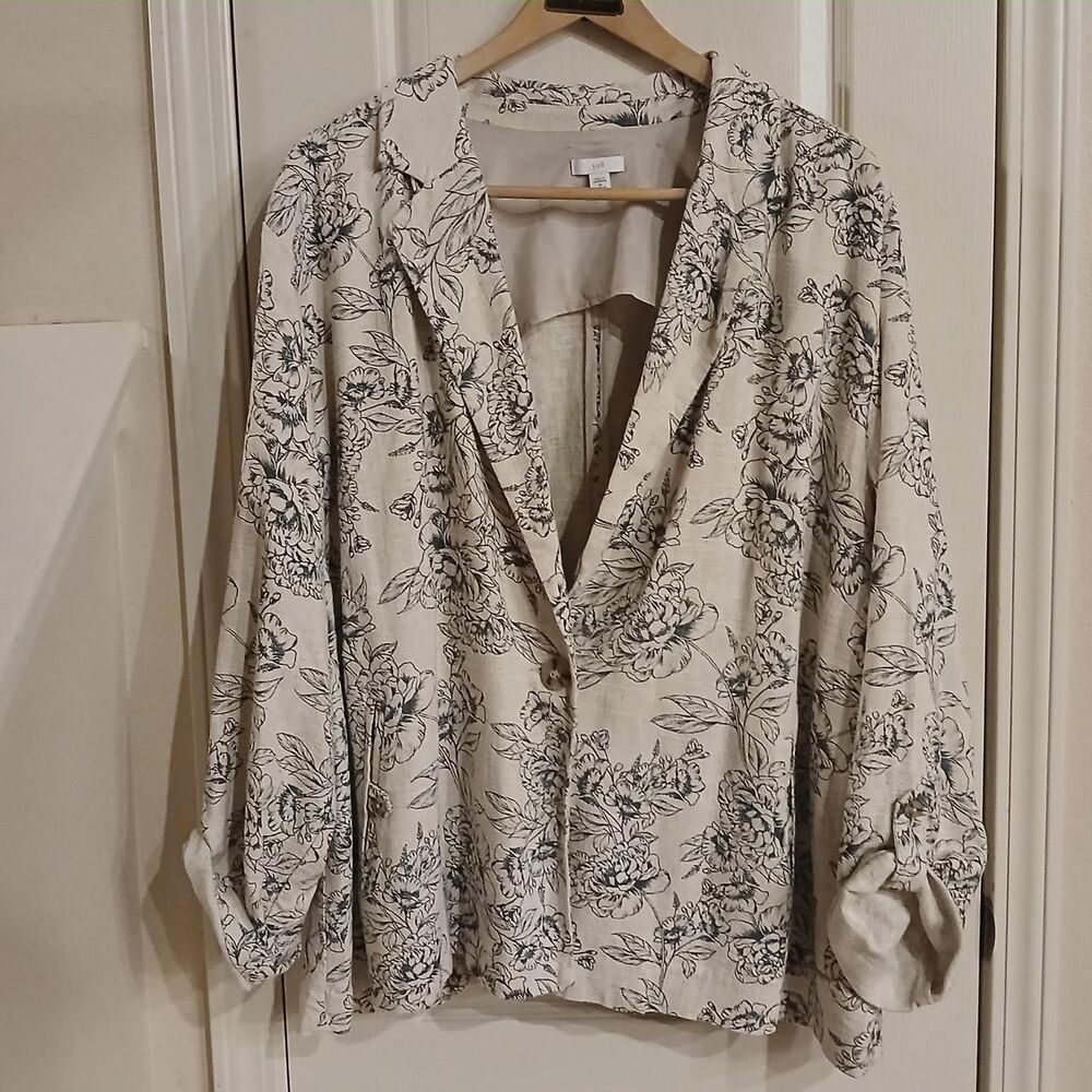 J. Jill Linen-Blend Cream & Olive Floral Tapestry Blazer Roll Tab Sleeve 3X